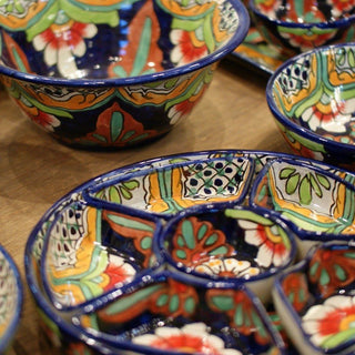 Round Appetizer Tray with Removable Bowls, Ready to Ship Ceramics Zinnia Folk Arts Azul y Rojo  