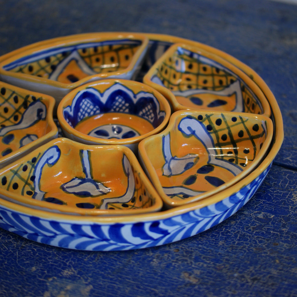 Round Appetizer Tray with Removable Bowls, Ready to Ship Ceramics Zinnia Folk Arts Blue and Saffron  