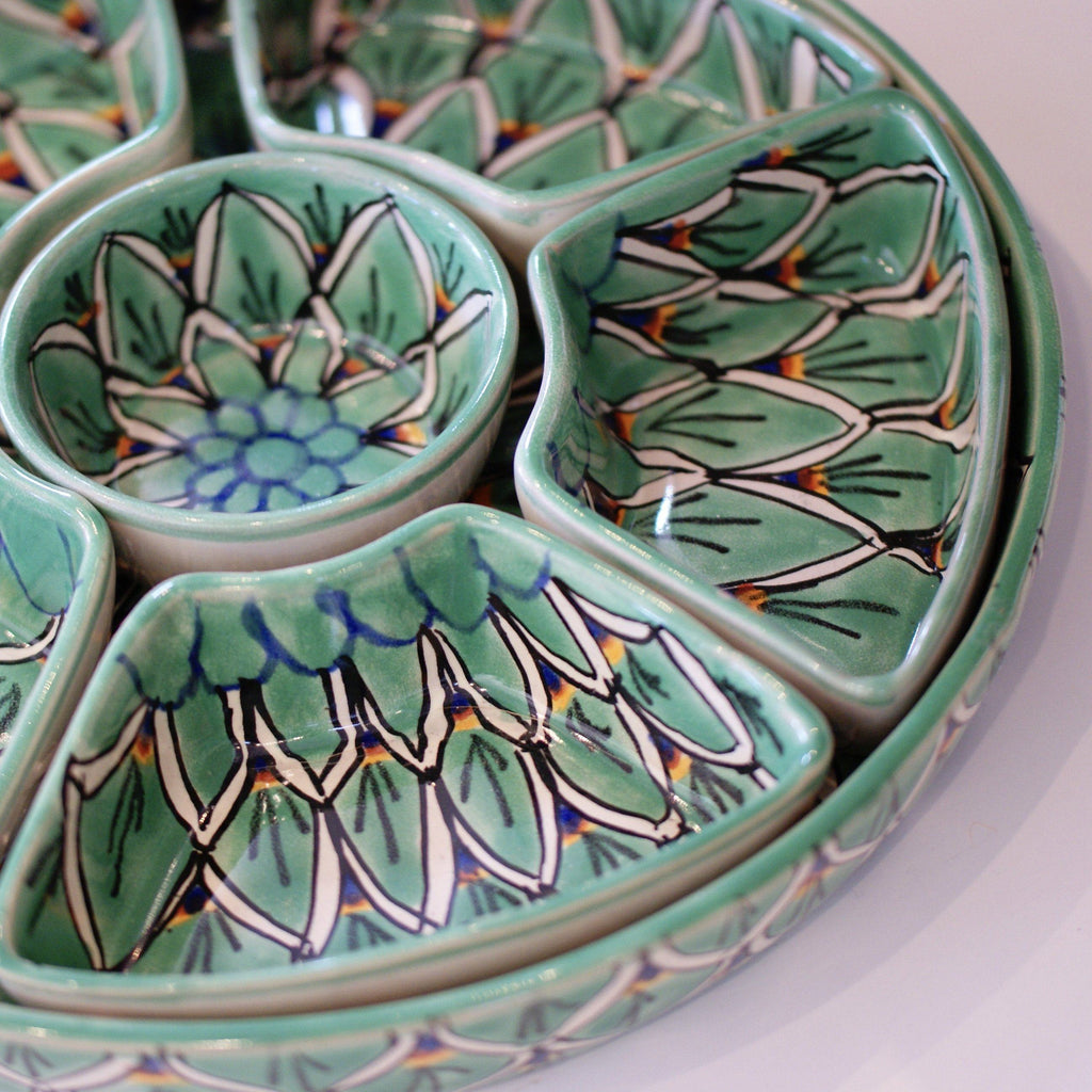 Round Appetizer Tray with Removable Bowls, Ready to Ship Ceramics Zinnia Folk Arts Green Zinnia  