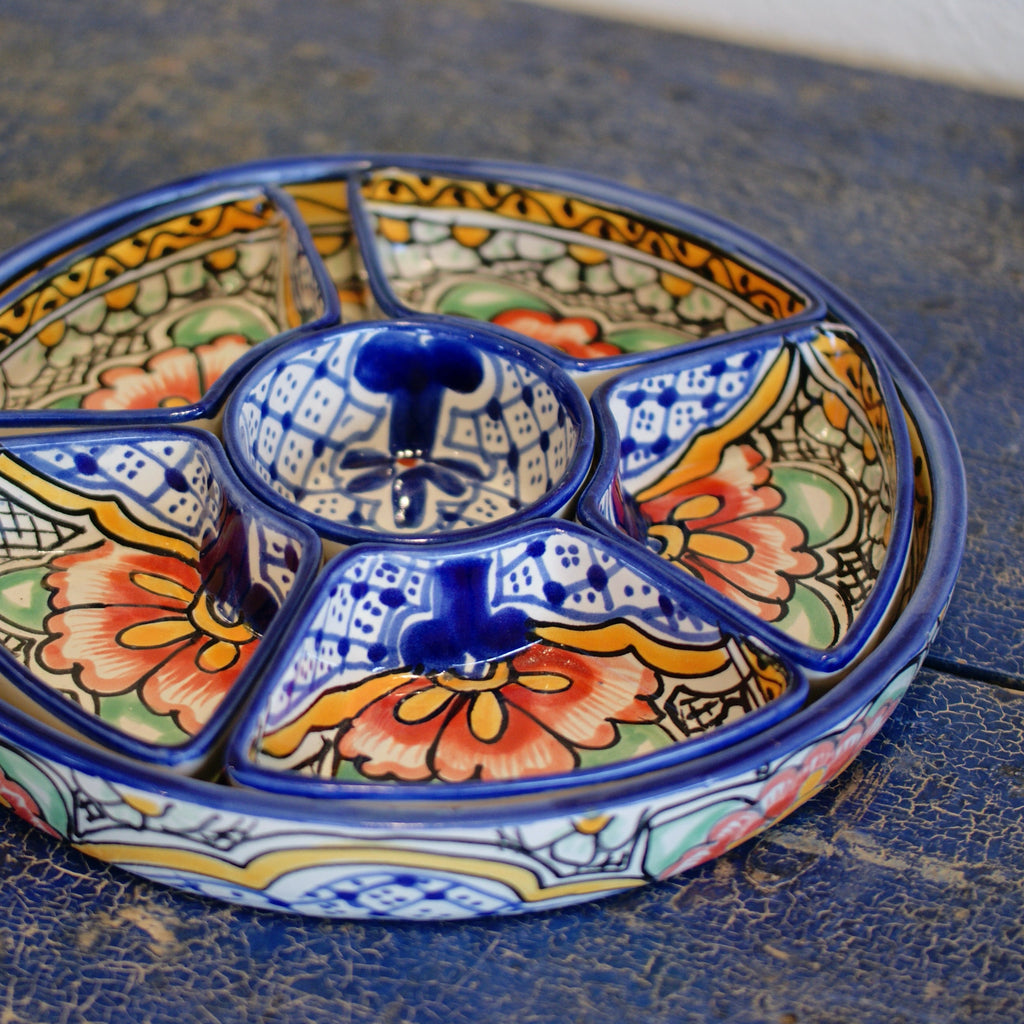 Round Appetizer Tray with Removable Bowls, Ready to Ship Ceramics Zinnia Folk Arts Orange Hibiscus  