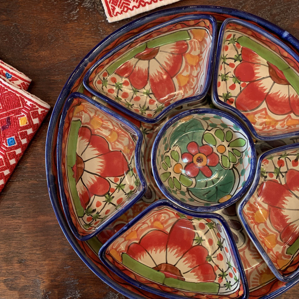 Round Appetizer Tray with Removable Bowls, Ready to Ship Ceramics Zinnia Folk Arts Rojo  