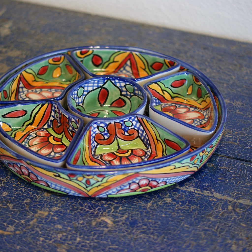 Round Appetizer Tray with Removable Bowls, Ready to Ship Ceramics Zinnia Folk Arts Verde  
