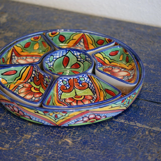 Round Appetizer Tray with Removable Bowls, Ready to Ship Ceramics Zinnia Folk Arts Verde  