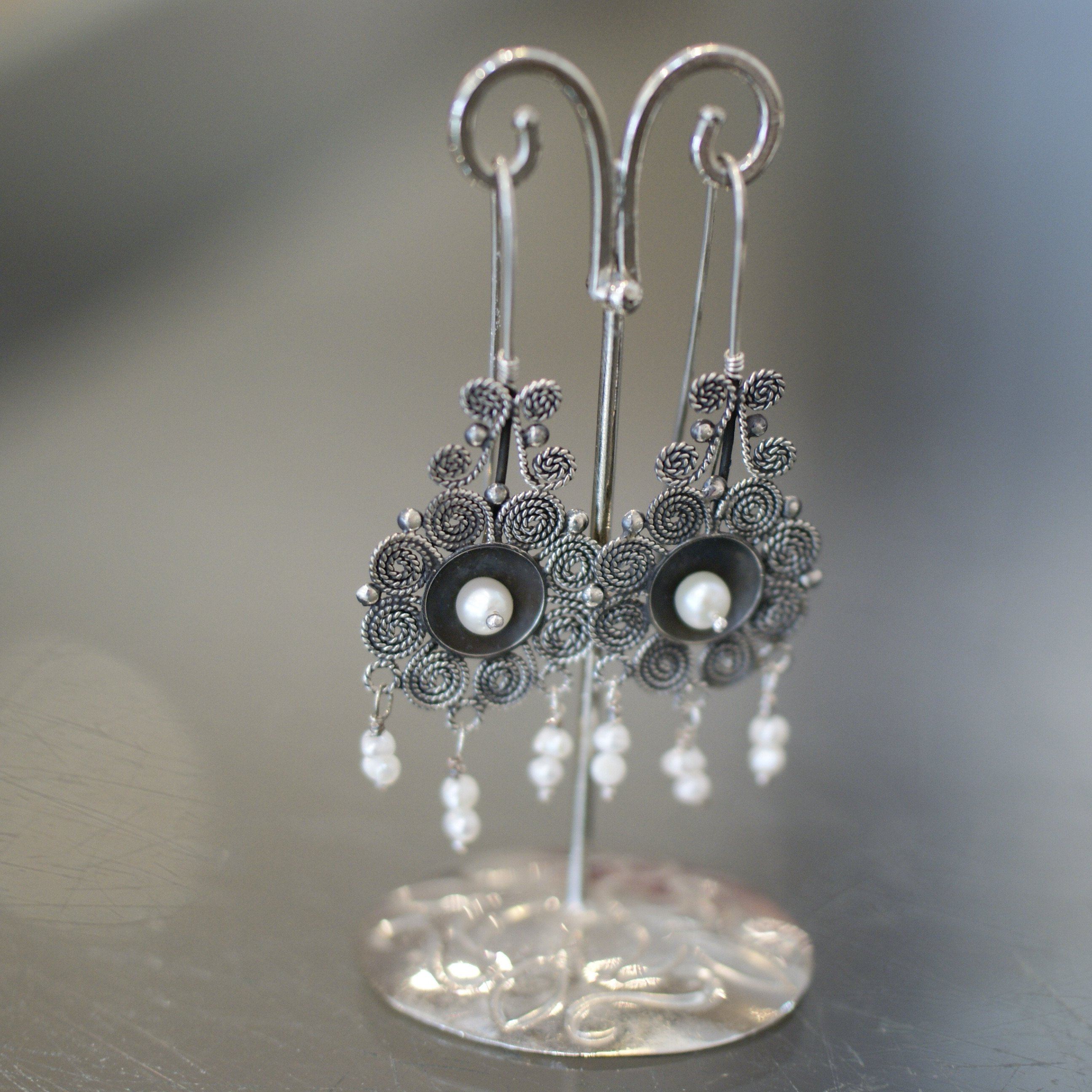 Round Mexican Silver Filagree Earrings with Pearl Beads Jewelry Zinnia Folk Arts   