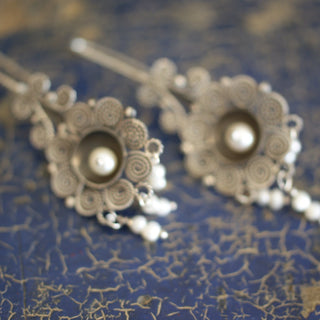 Round Mexican Silver Filagree Earrings with Pearl Beads Jewelry Zinnia Folk Arts   