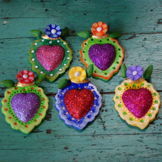 Sacred Heart Glitter & Painted Clay Ornaments Religious Zinnia Folk Arts   