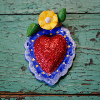 Sacred Heart Glitter & Painted Clay Ornaments Religious Zinnia Folk Arts Blue with Red Glitter  