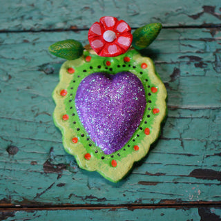 Sacred Heart Glitter & Painted Clay Ornaments Religious Zinnia Folk Arts Green with Light Purple Glitter  