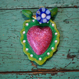 Sacred Heart Glitter & Painted Clay Ornaments Religious Zinnia Folk Arts Green with Pink Glitter  