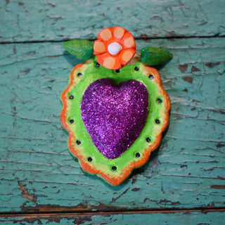 Sacred Heart Glitter & Painted Clay Ornaments Religious Zinnia Folk Arts Green with Purple Glitter  