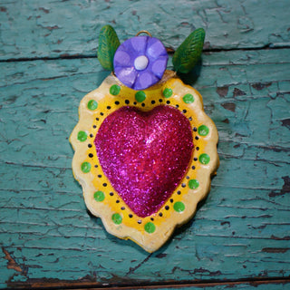 Sacred Heart Glitter & Painted Clay Ornaments Religious Zinnia Folk Arts Yellow with Pink Glitter  