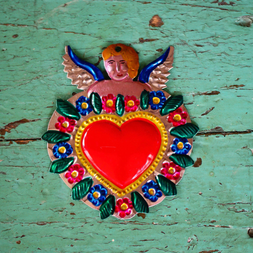Sacred Heart Painted Tin Ornaments Christmas Zinnia Folk Arts Cherub on Top  