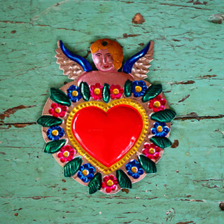 Sacred Heart Painted Tin Ornaments Christmas Zinnia Folk Arts Cherub on Top  
