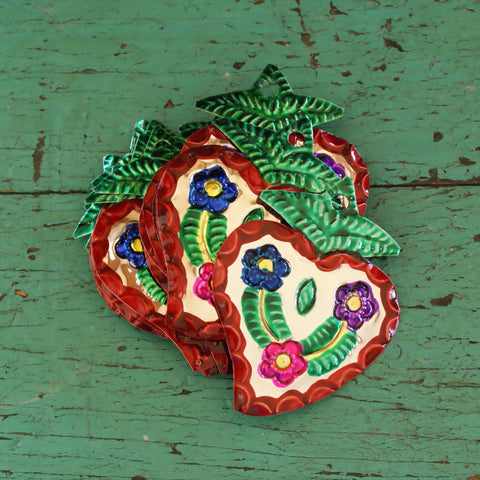 Sacred Heart Painted Tin Ornaments Christmas Zinnia Folk Arts Flowers  