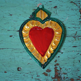 Sacred Heart Painted Tin Ornaments Christmas Zinnia Folk Arts Green Edges  