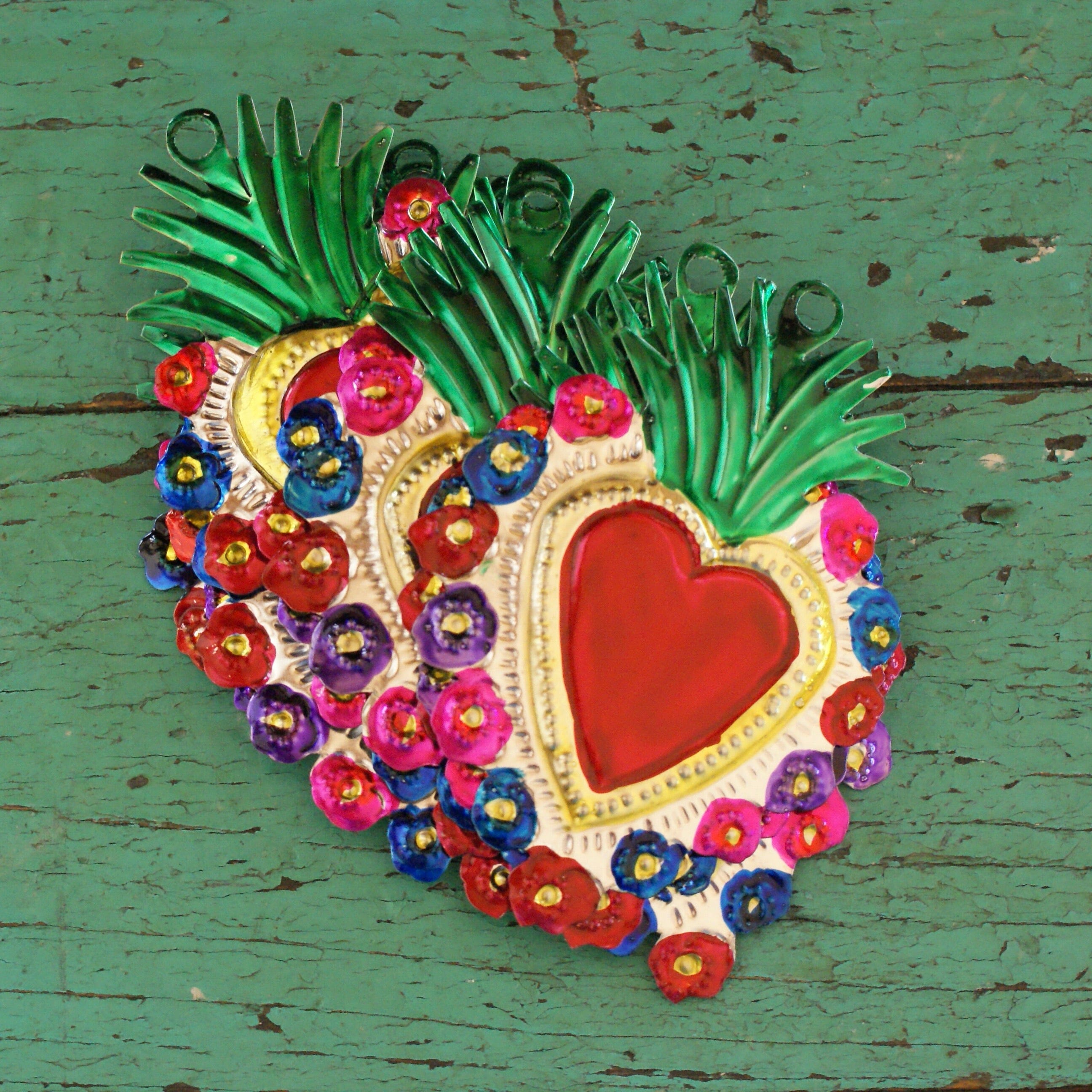 Sacred Heart Painted Tin Ornaments Christmas Zinnia Folk Arts Green Flame  