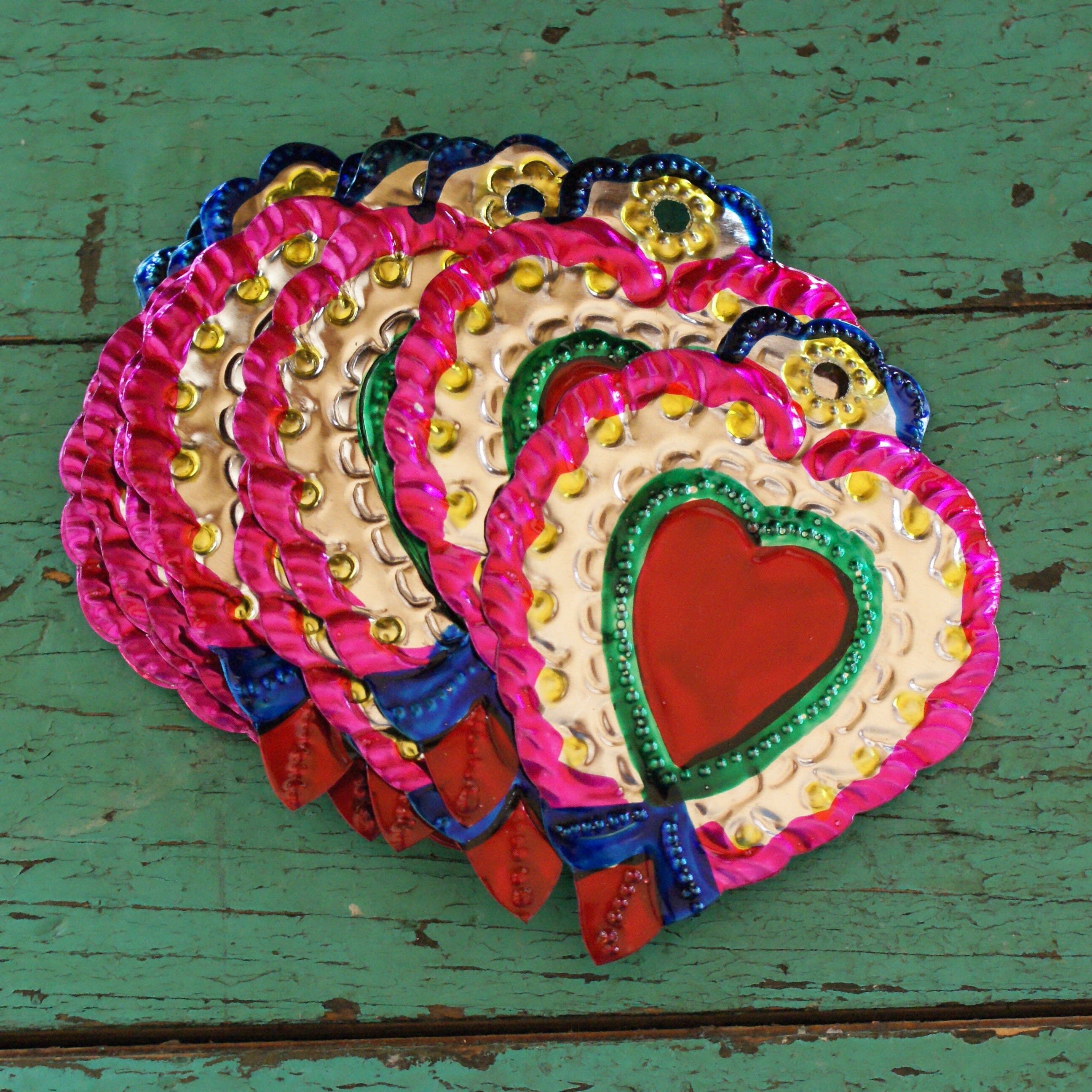 Sacred Heart Painted Tin Ornaments Christmas Zinnia Folk Arts Pink Edges  