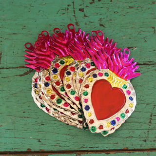 Sacred Heart Painted Tin Ornaments Christmas Zinnia Folk Arts Pink flame/dotted edges  