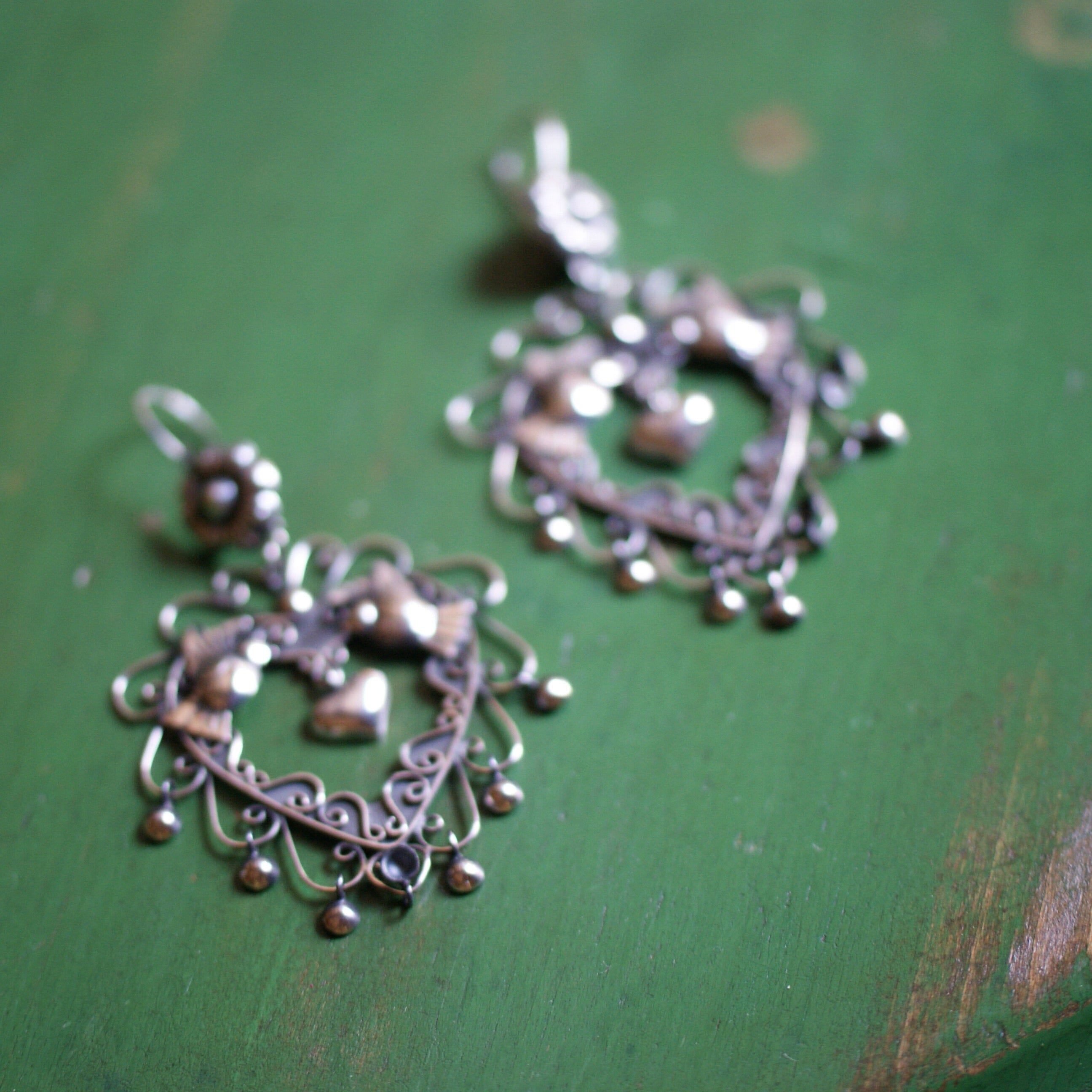 Sacred Heart with Lovebirds and Cup Dangles Earrings Jewelry Zinnia Folk Arts   