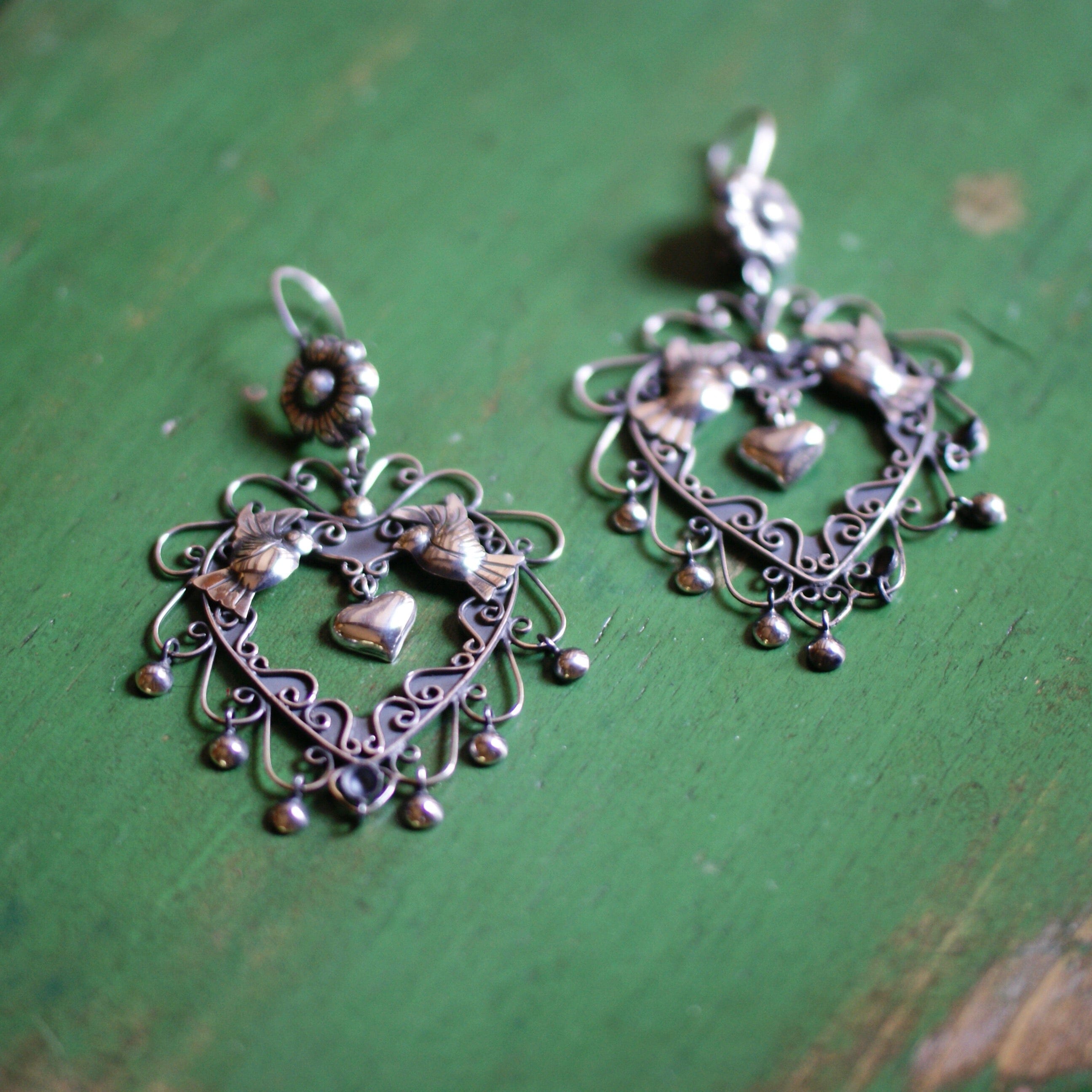Sacred Heart with Lovebirds and Cup Dangles Earrings Jewelry Zinnia Folk Arts   