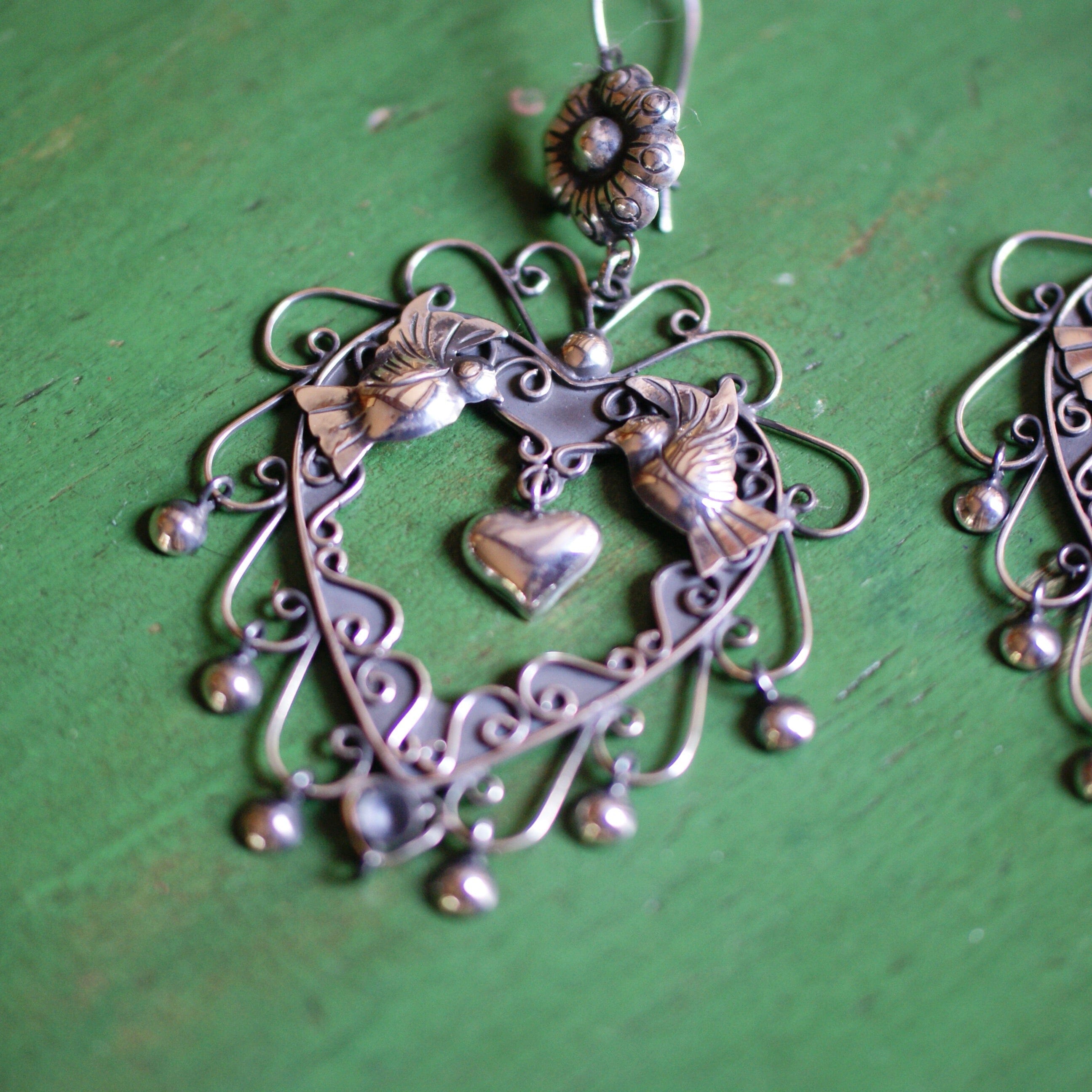Sacred Heart with Lovebirds and Cup Dangles Earrings Jewelry Zinnia Folk Arts   