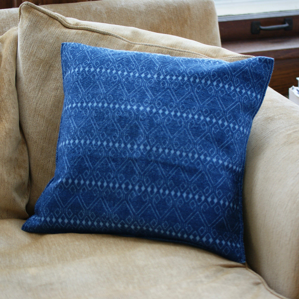 San Andres Handwoven Square Pillow textiles Zinnia Folk Arts Dark Blue on Denim Cotton Background  