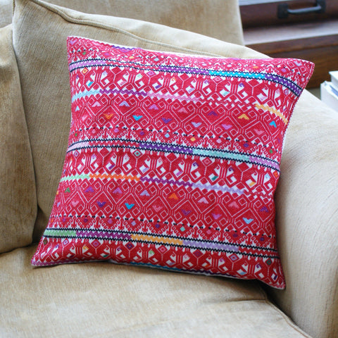 San Andres Handwoven Square Pillows textiles Zinnia Folk Arts Red with Multi-Colored Stripes  