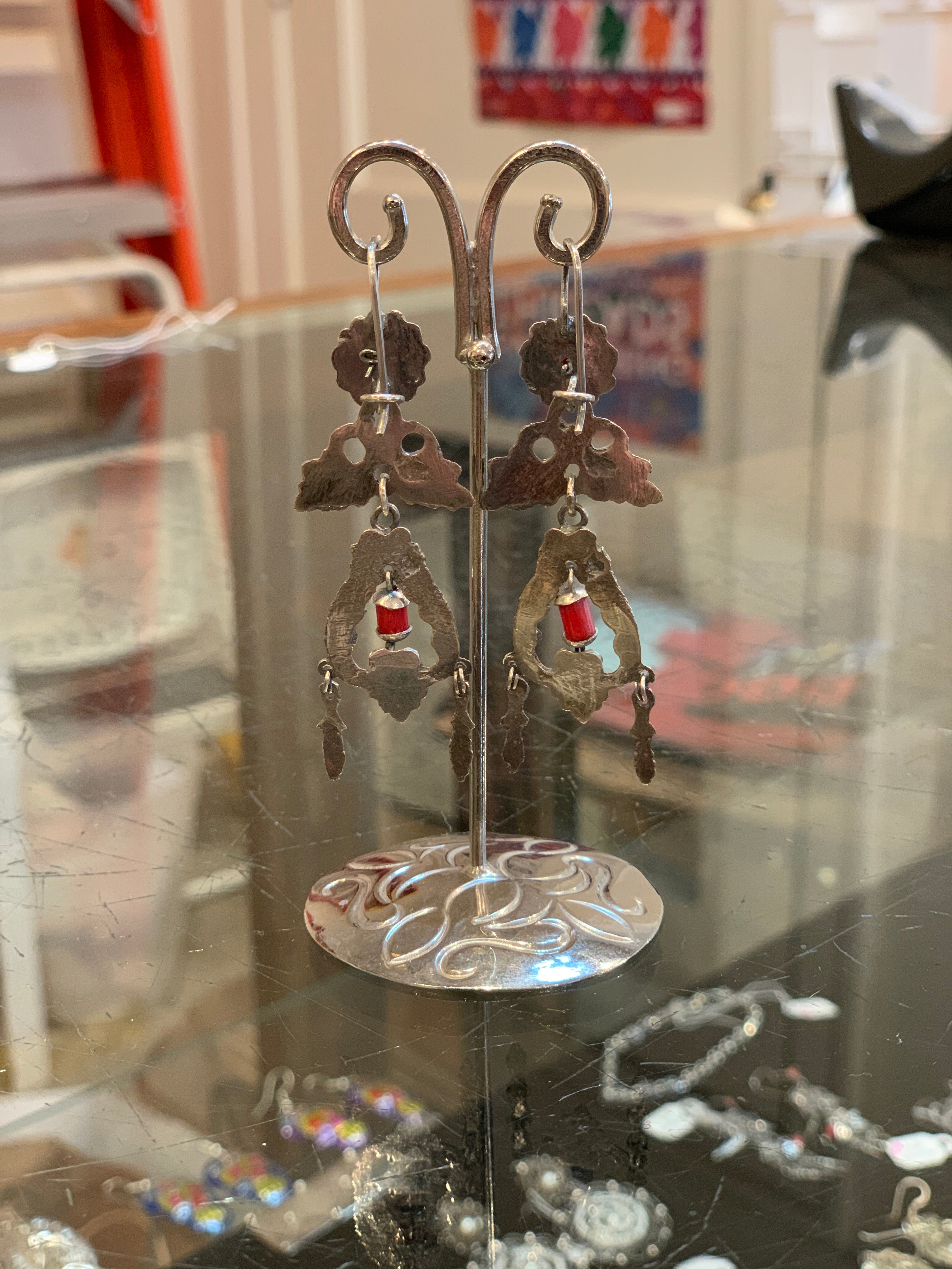 Sandcast Sterling Silver Multi-Layered Earrings with Flowers & Dangles Jewelry Victor's   