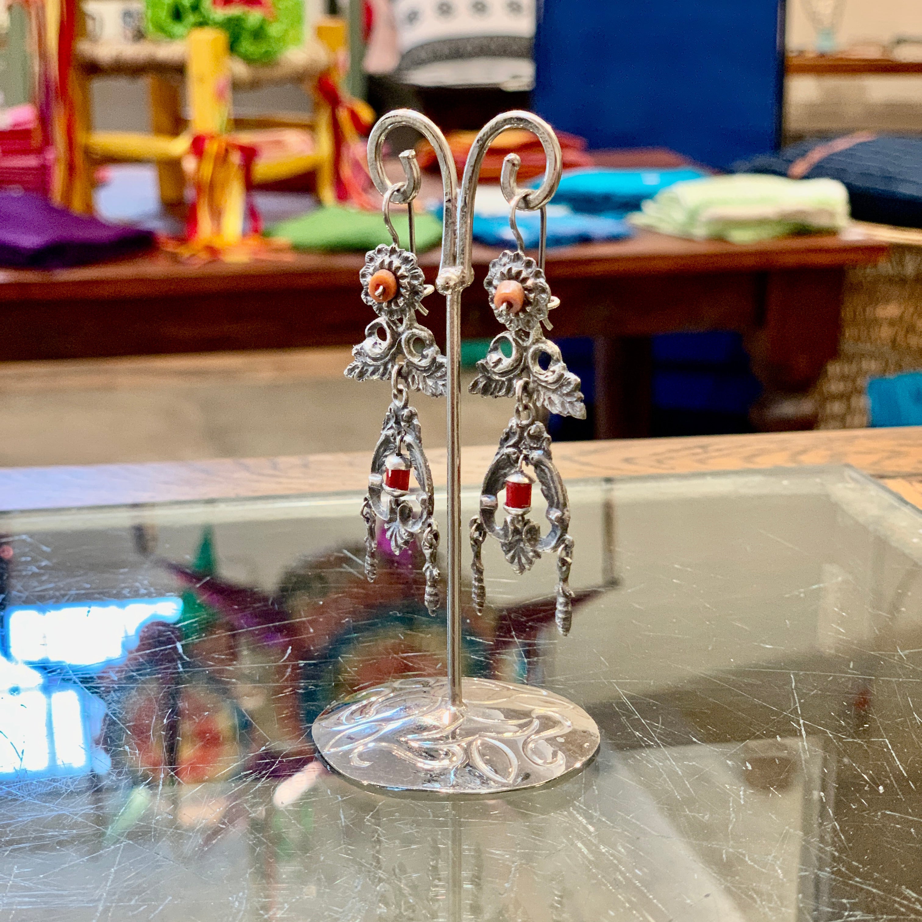 Sandcast Sterling Silver Multi-Layered Earrings with Flowers & Dangles Jewelry Victor's   