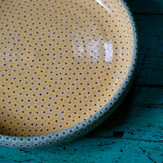 Shallow Sides Capula Round Baking Pan or Tray, Ready to Ship Ceramics Zinnia Folk Arts Pale Green with Gold Interior  