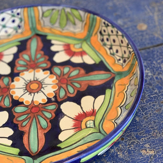 Shallow Sides Talavera Round Pie Plate Baking Pan or Tray, Ready to Ship Ceramics Zinnia Folk Arts Azul y Rojo  