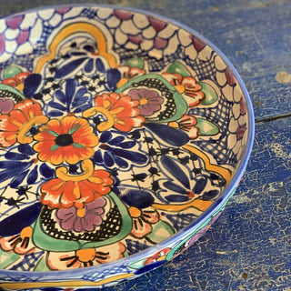 Shallow Sides Talavera Round Pie Plate Baking Pan or Tray, Ready to Ship Ceramics Zinnia Folk Arts Bright Orange Flower  