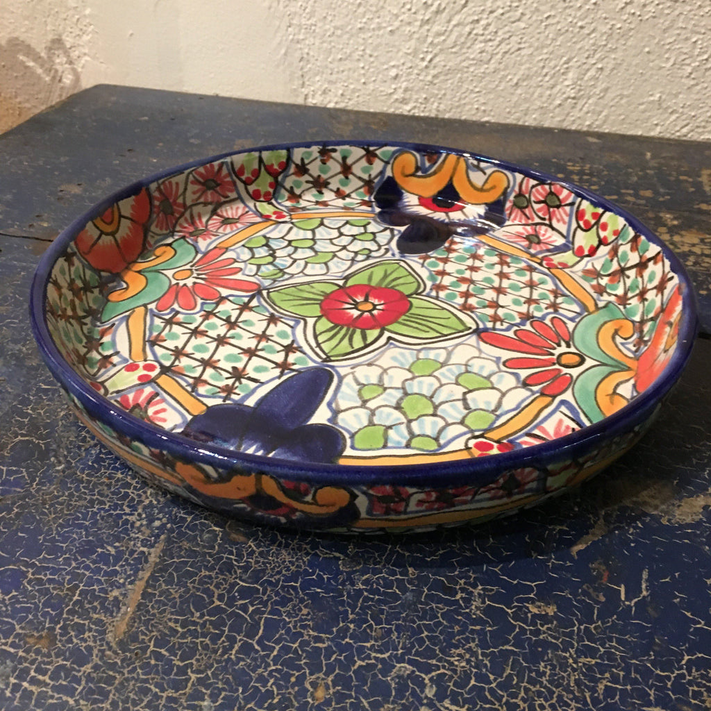 Shallow Sides Talavera Round Pie Plate Baking Pan or Tray, Ready to Ship Ceramics Zinnia Folk Arts Red Petunia with Dark Blue  