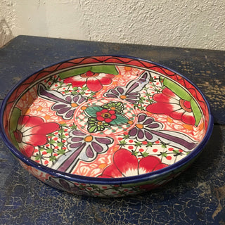 Shallow Sides Talavera Round Pie Plate Baking Pan or Tray, Ready to Ship Ceramics Zinnia Folk Arts Rojo  