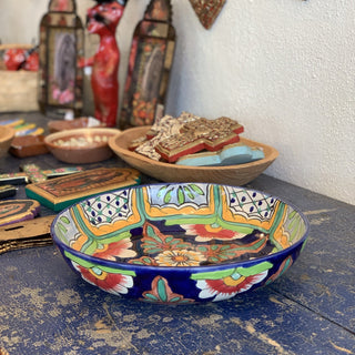 Shallow Talavera Serving Bowl, Ready to Ship Ceramics Zinnia Folk Arts Azul y Rojo  