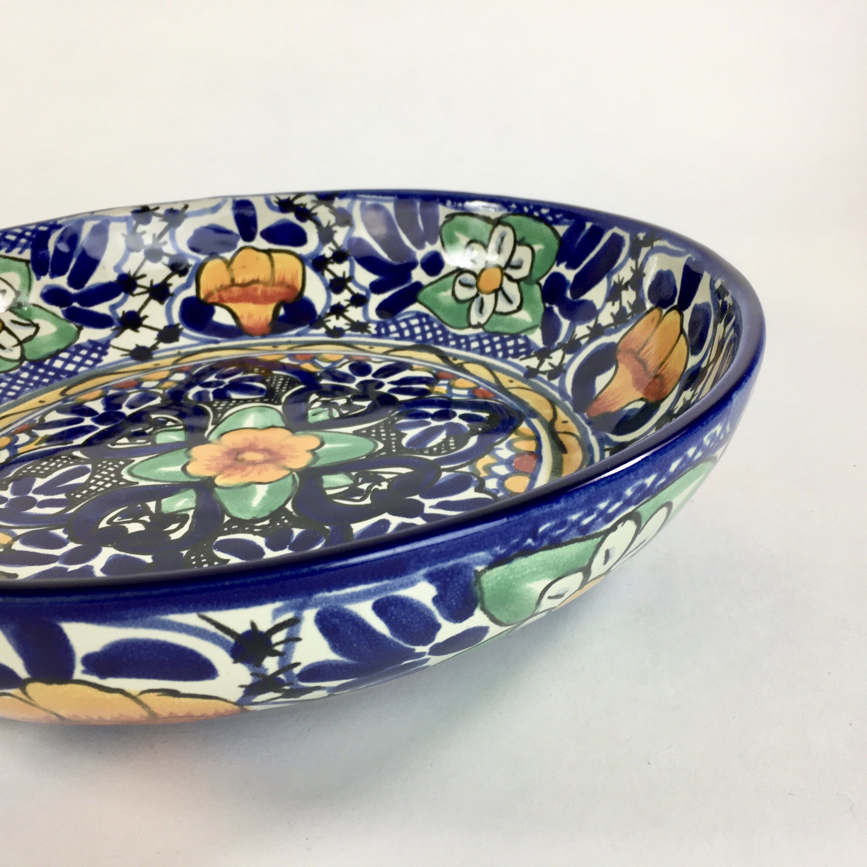 Shallow Talavera Serving Bowl, Ready to Ship Ceramics Zinnia Folk Arts Cobalt  