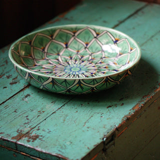 Shallow Talavera Serving Bowl, Ready to Ship Ceramics Zinnia Folk Arts Green Zinnia  