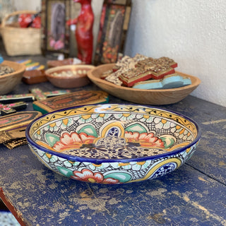 Shallow Talavera Serving Bowl, Ready to Ship Ceramics Zinnia Folk Arts Orange Hibiscus  