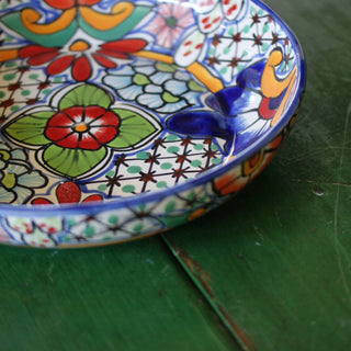 Shallow Talavera Serving Bowl, Ready to Ship Ceramics Zinnia Folk Arts Red Petunia with Blue  