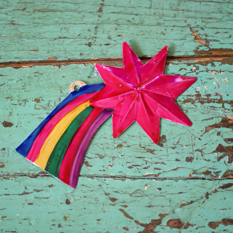 Shooting Star with Rainbow Tin Ornament Christmas Zinnia Folk Arts   