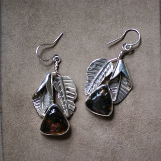 Silver Palm Leaf Earrings with Amber Stone Jewelry Zinnia Folk Arts   