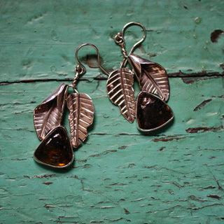 Silver Palm Leaf Earrings with Amber Stone Jewelry Zinnia Folk Arts   