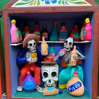 Skeletons Raising a Glass at the Bar Potato Paste Retablos, Peru Day of the Dead Zinnia Folk Arts   