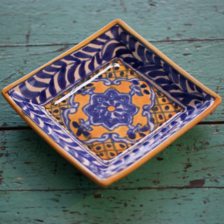 6.5" Small Handmade Dessert Plates, Square, Ready to Ship Ceramics Zinnia Folk Arts Blue and Saffron  