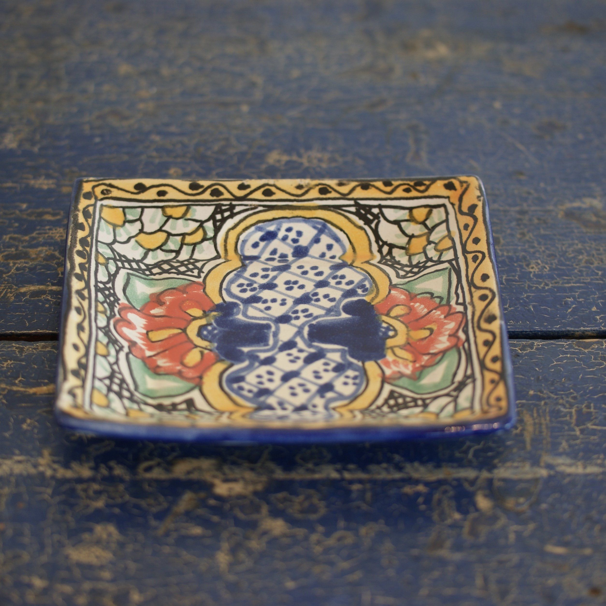 6.5" Small Handmade Dessert Plates, Square, Ready to Ship Ceramics Zinnia Folk Arts Orange Hibiscus  