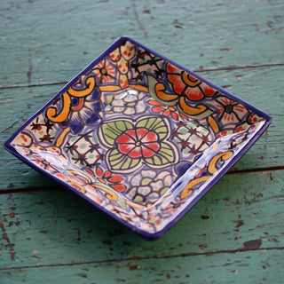 6.5" Small Handmade Dessert Plates, Square, Ready to Ship Ceramics Zinnia Folk Arts Red Petunia with Blue  