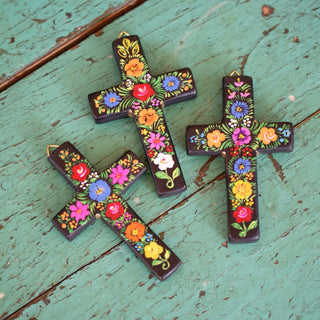 Small Lacquered & Painted Chiapas Wood Cross religious Zinnia Folk Arts Small with Hook  