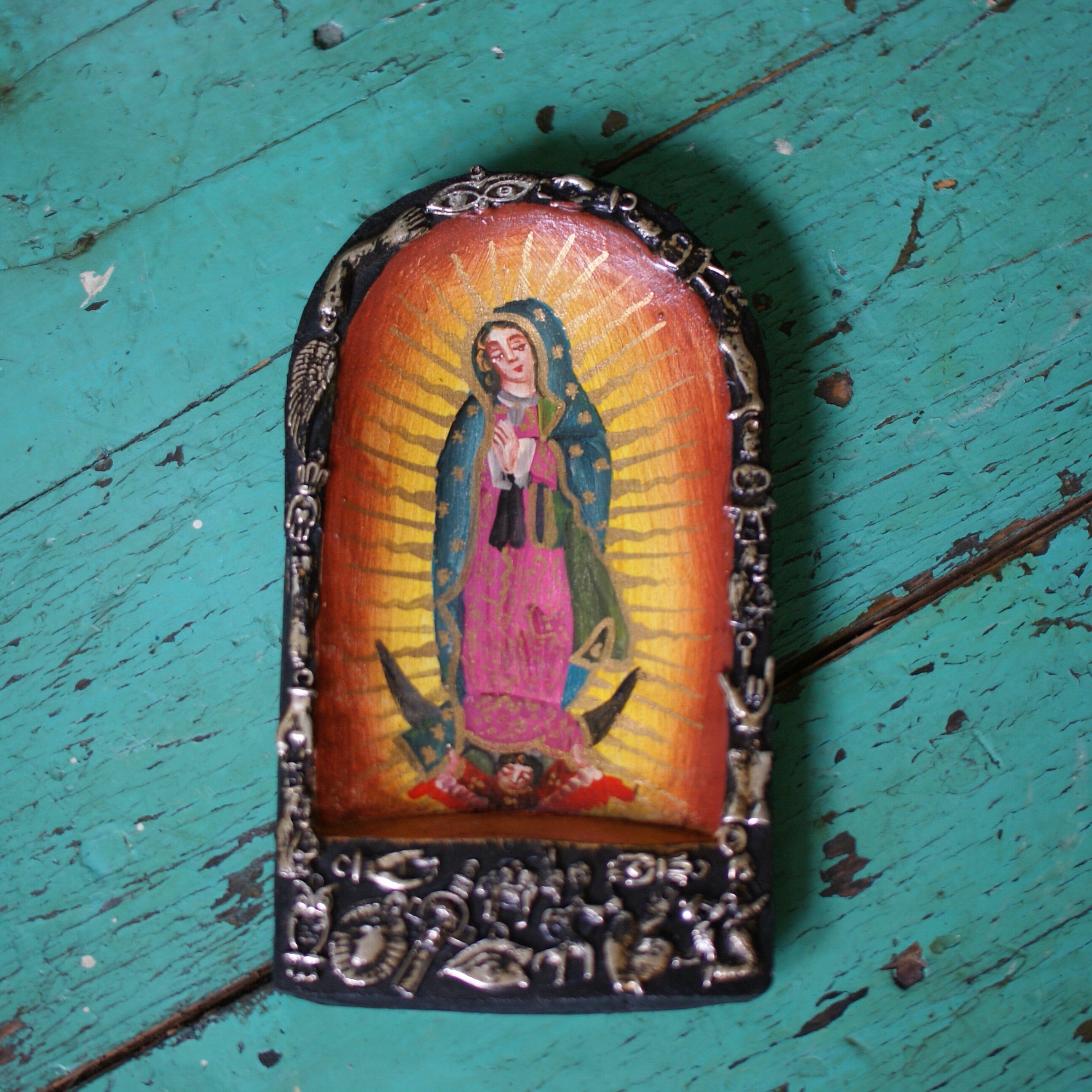Small Mexican Wooden Batea with Guadalupe & Milagros religious Zinnia Folk Arts   