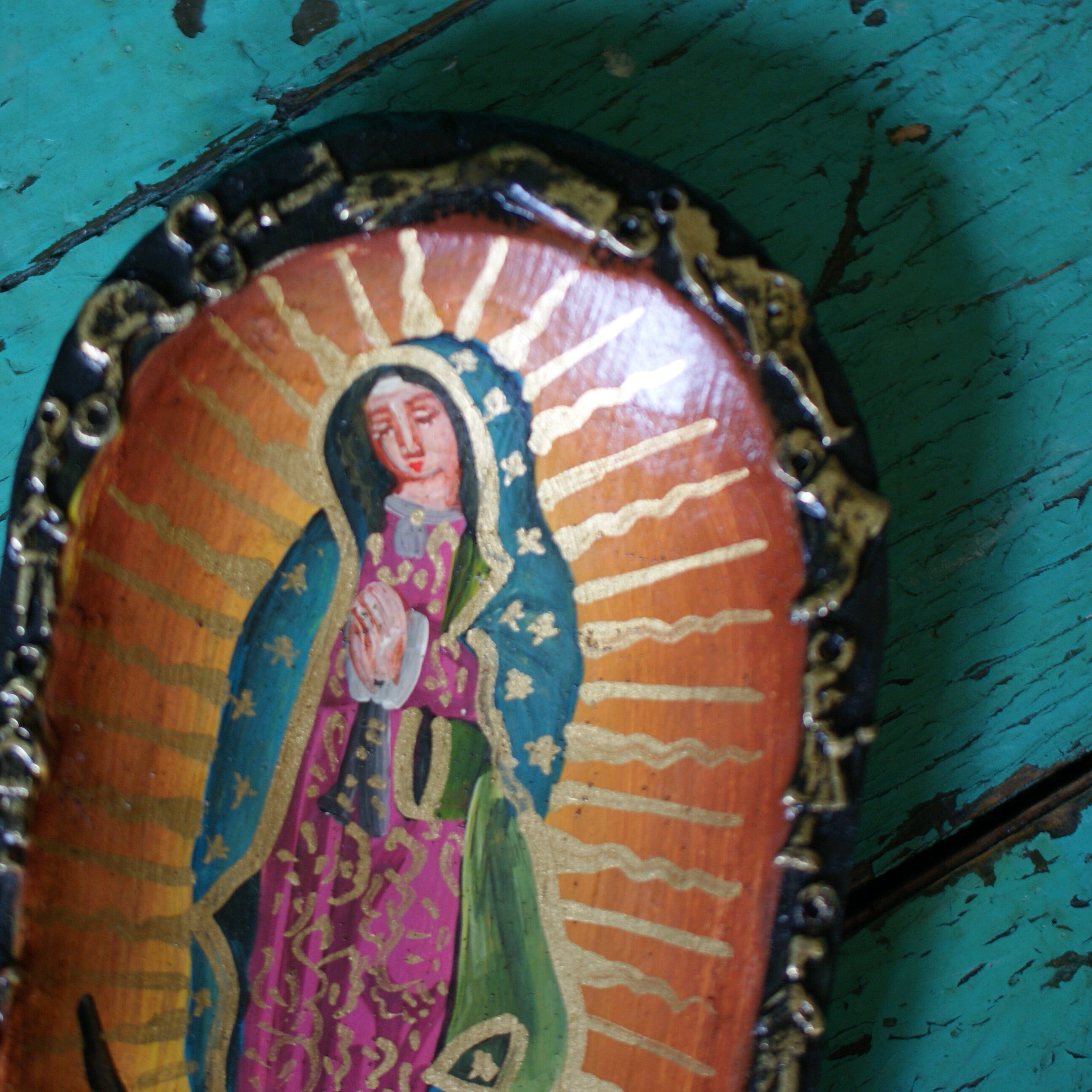 Small Mexican Wooden Batea with Guadalupe & Milagros religious Zinnia Folk Arts   