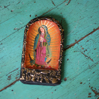 Small Mexican Wooden Batea with Guadalupe & Milagros religious Zinnia Folk Arts   